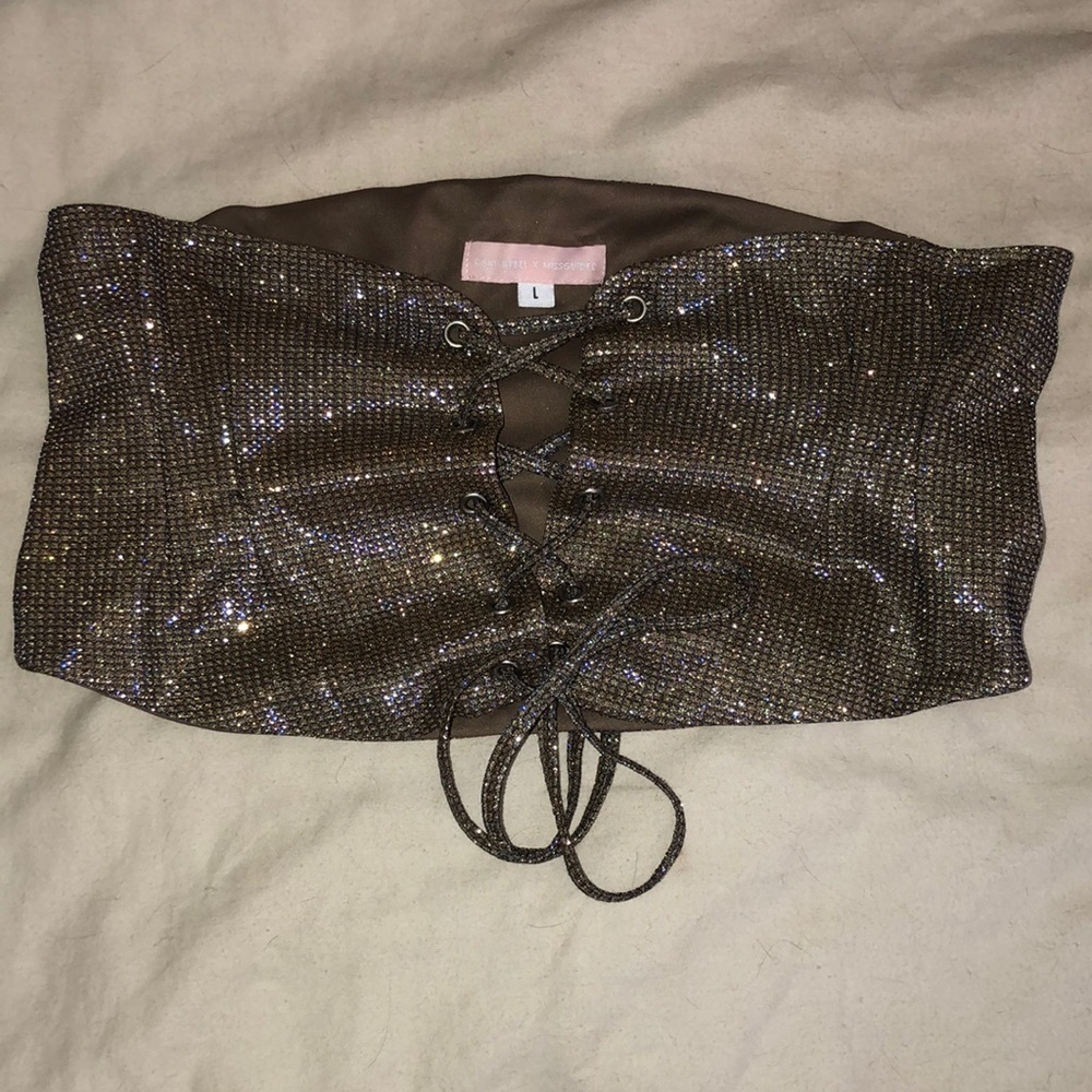 Glitter Tie Front Strapless Crop Top
